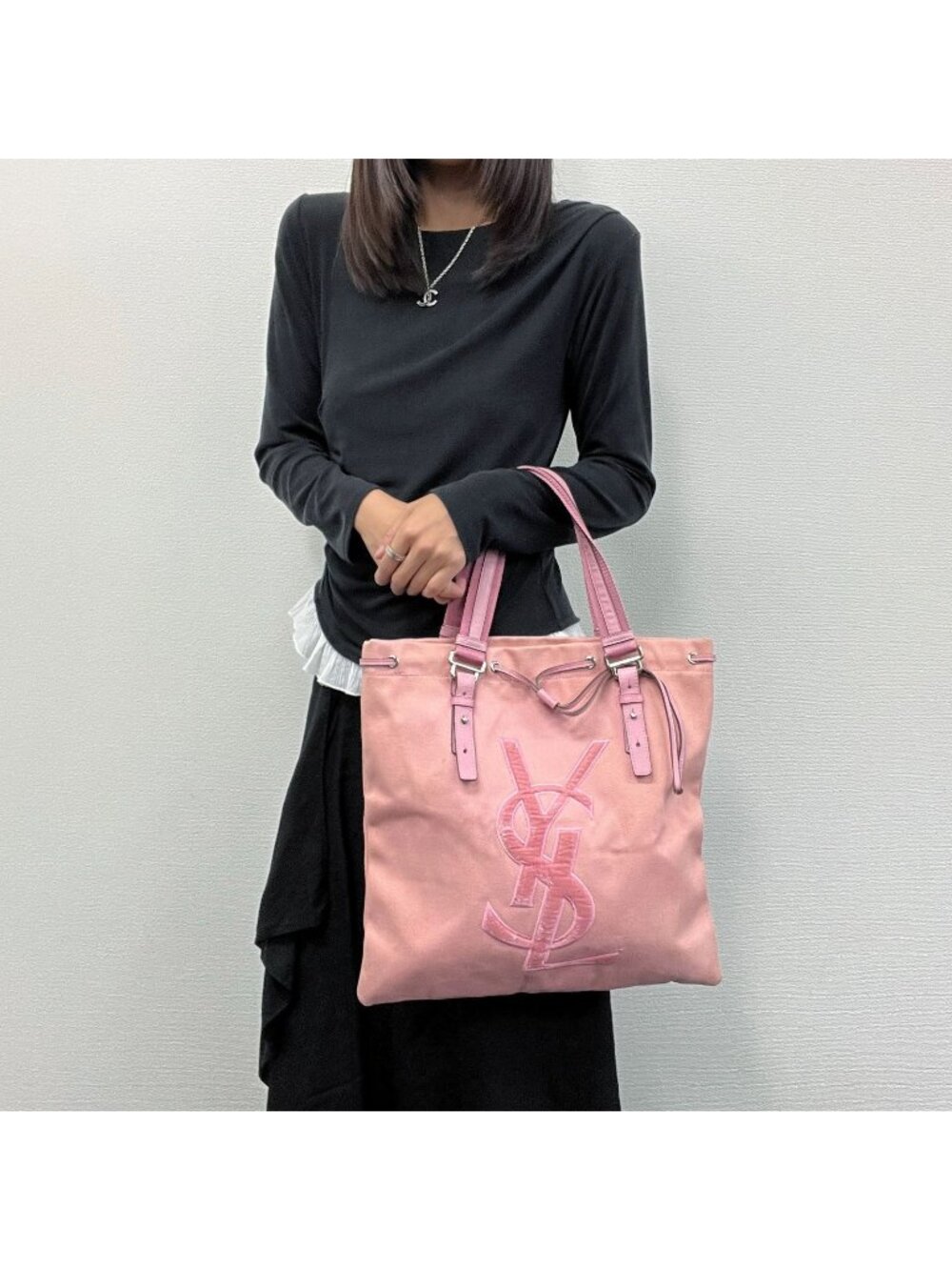 Saint Laurent YSL Logo Embroidery Drawstring Flat Tote Bag Canvas Pink Silver